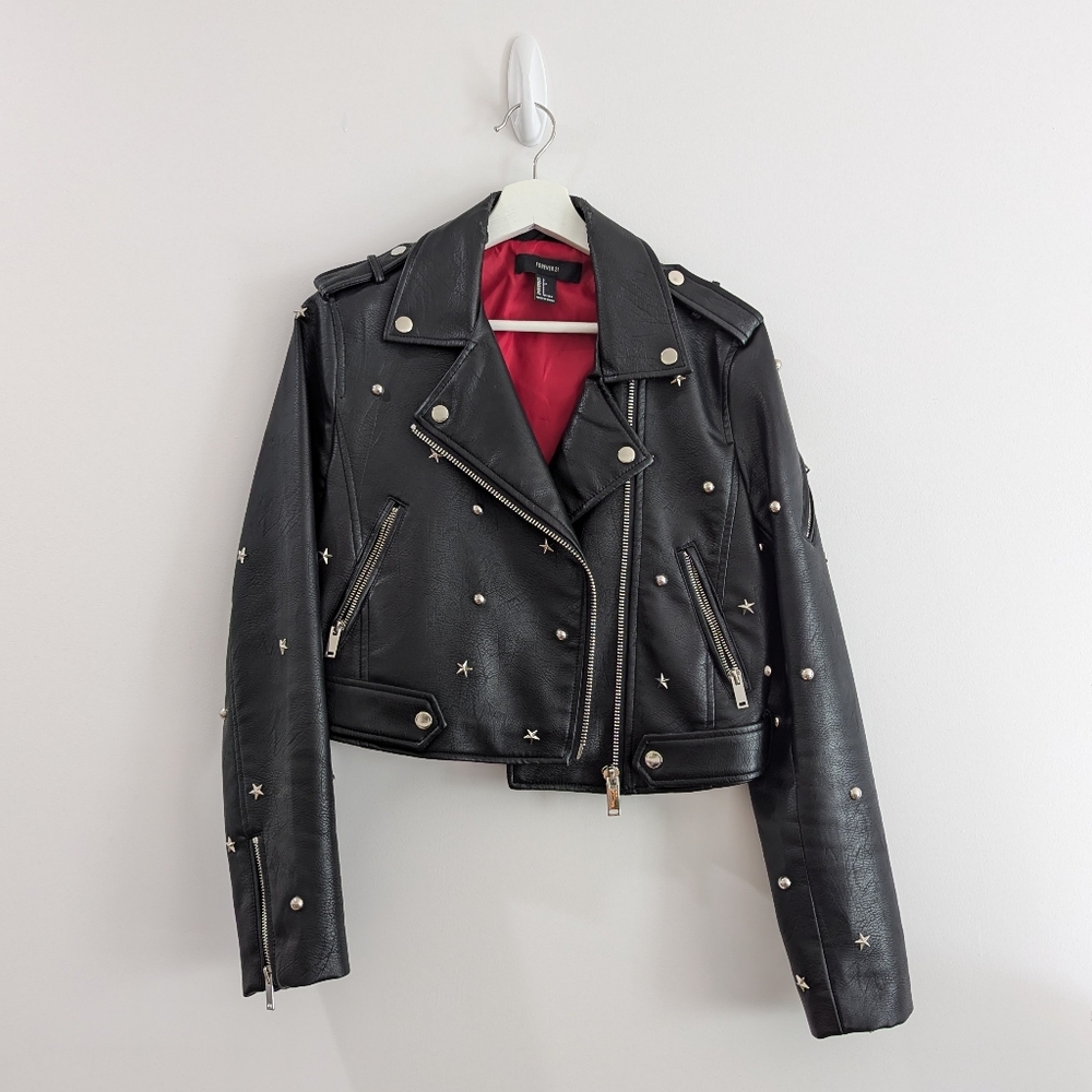 FOREVER 21 Star-Studded Faux Leather Jacket, Size S